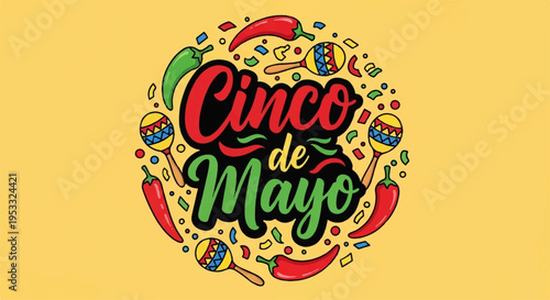Vibrant cinco de mayo celebration logo with colorful peppers and festive decorations on yellow