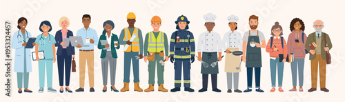 Diverse group stands united in a line. Everyone smiles warmly, showing pride and unity. People represent many professions and cultures. Illustration features clean, modern desig