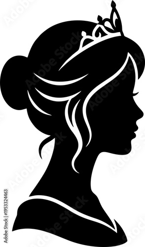 Elegant Princess Side Profile Silhouette with Tiara and Stylish Hair Bun Vector Illustration
