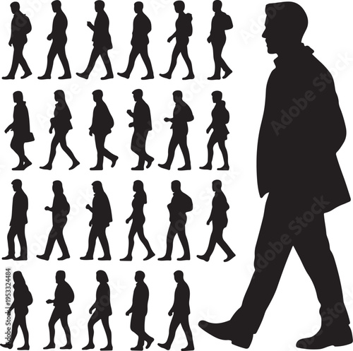 Vector collection of walking people silhouettes. Vector set