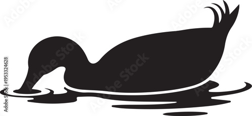 Black silhouette of a swan bending to touch water with its beak
