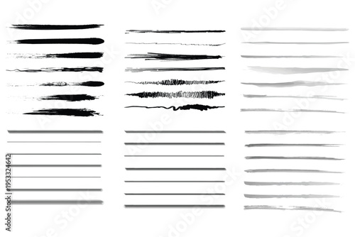 Set of black and white artistic brush strokes isolated on transparent background for design elements