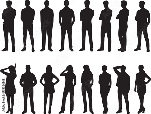 Vector detailed silhouettes set of standing people male and female full body front view with body gesture isolated on white background. Crowd, group of people vector illustration