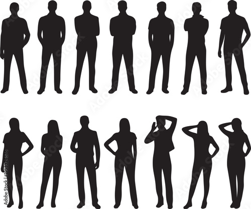 Vector detailed silhouettes set of standing people male and female full body front view with body gesture isolated on white background. Crowd, group of people vector illustration
