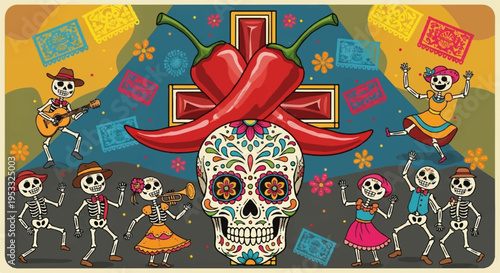Colorful sugar skull with dancing skeletons and mariachi musicians festive background