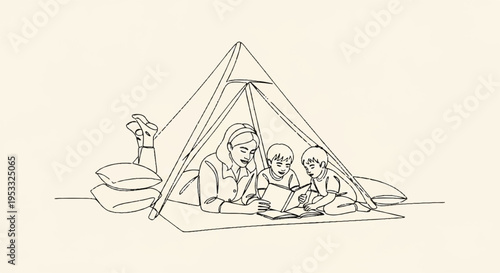 Family camping together in a tent at night with a warm glow