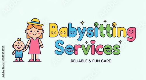 Colorful babysitting services logo with cartoon woman and child fun care