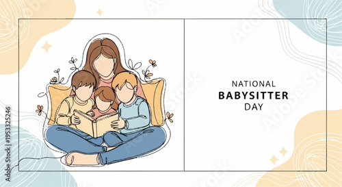 Woman babysitter reading book to two children sitting on floor with colorful background