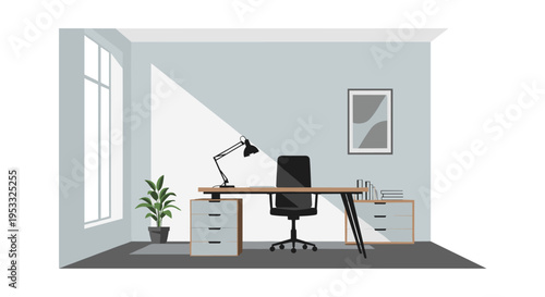Modern Office Interior with Desk, Chair, and Natural Light.