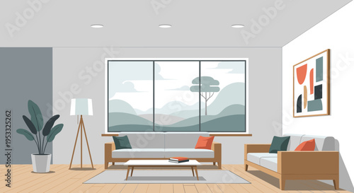 Modern living room with stylish furniture and large window.