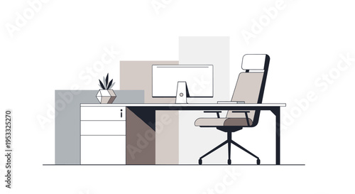 Modern Office Workspace with Desk Chair and Computer Setup.