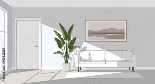 Bright modern living room with large window, white sofa, and potted plant, bathed in natural sunlight.