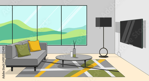 Modern living room interior with comfortable sofa and coffee table.