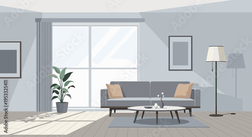 Modern living room interior with comfortable sofa and coffee table.