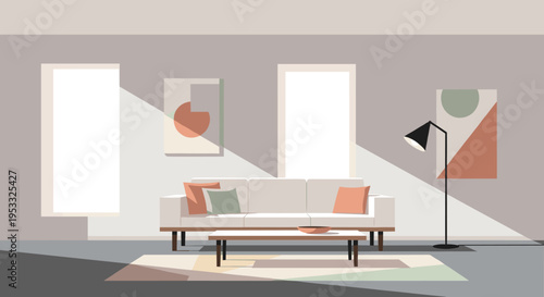 Modern living room interior with comfortable sofa and stylish decor.