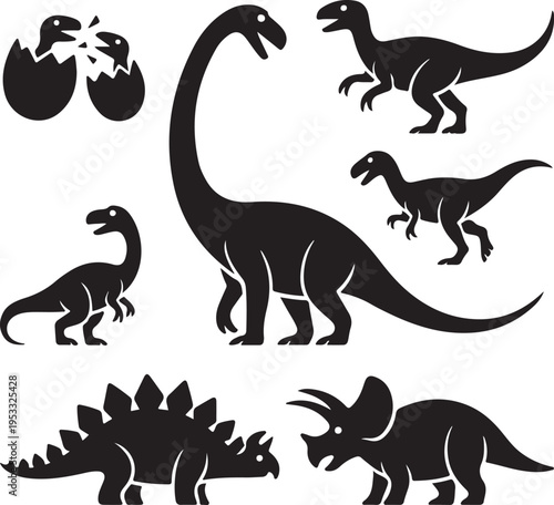 Vector illustration of dinosaur silhouette including Stegosaurus, Brontosaurus, Velociraptor, Triceratops, Tyrannosaurus rex, and Spinosaurus.