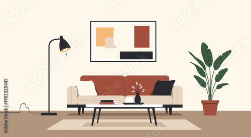 Modern living room interior with comfortable sofa and stylish decor.