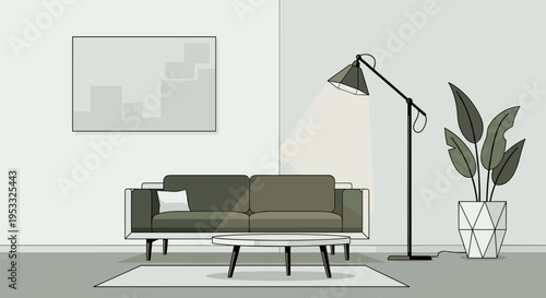 Modern living room interior with comfortable sofa and stylish decor.