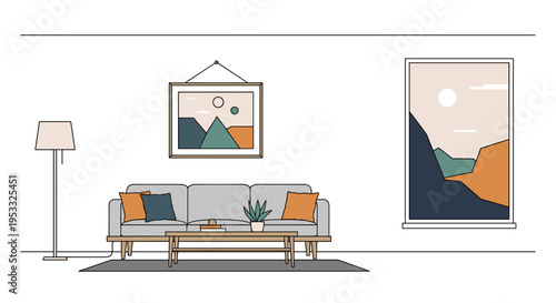 Modern living room interior with comfortable sofa, floor lamp, and abstract wall art.
