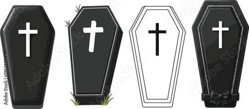 Stylized coffin icon variations illustration, funeral design concept, gothic art, Halloween theme, burial symbol, ornate cross decoration, ceremonial graphics