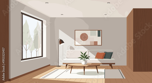 Modern living room interior with minimalist furniture and natural light.