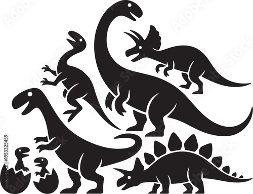 Vector illustration of dinosaur silhouette including Stegosaurus, Brontosaurus, Velociraptor, Triceratops, Tyrannosaurus rex, and Spinosaurus.