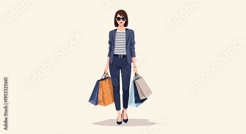Elegant woman strides confidently through a shopping district. Colorful bags hint at recent purchases and joyful spending. She wears sunglasses, a blazer, and stylish heels