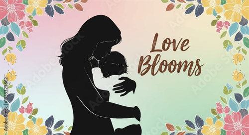 Mother and child love embrace floral background silhouette