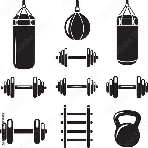 Vector illustration of fitness gym equipment set, punching bag, dumbbell, barbell, kettlebell, wall ladder, silhouette icons, exercise training symbol, flat graphic tools, sports health CAD drawing