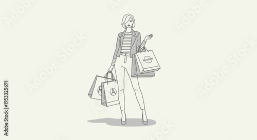 Woman strolls confidently with shopping bags. Her expression shows contentment and ease. Simple lines create a modern, minimalist feel. Ideal for retail, lifestyle, or urban shopping themes