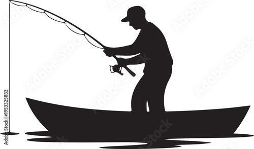 Black silhouette of man fishing from boat with rod and reel