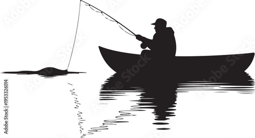 Black silhouette of man fishing in boat on calm water with ripples