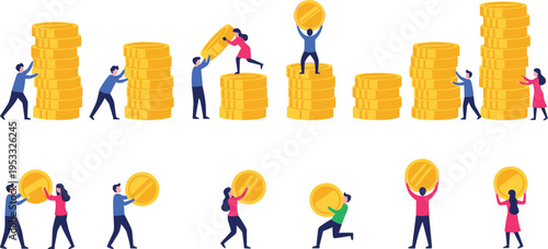 Financial teamwork illustration with coins, wealth building artwork, investment success vector, economic growth design concept, collaborative prosperity poster, money achievement graphic