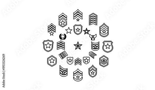 Army rank chevron icon collection in circular layout with military badges and insignia outline vector set