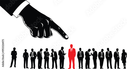 Business recruitment silhouette illustration, leadership selection artwork, corporate hiring vector, employee recognition design concept, accountability poster, professional decision making graphic