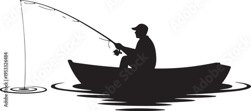 Black silhouette of man fishing in small boat on water