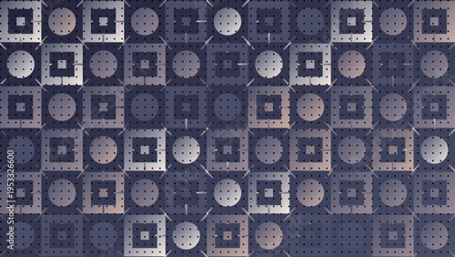 A sophisticated seamless background featuring a grid of silver and navy blue geometric shapes including squares and circles with a subtle gradient and grain.