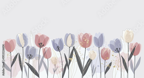 Pastel tulips bloom softly in a gentle row. Stems and leaves extend with quiet elegance and grace. Subtle color tones bring a calming, serene feel. Perfect for backgrounds, cards