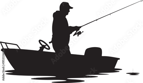 Black silhouette of man fishing in small boat on water