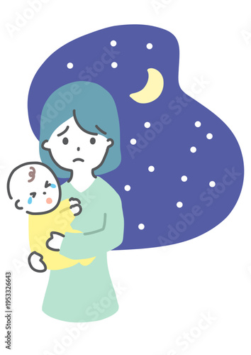 夜泣きする赤ちゃんと抱っこする母親　手書き風イラスト