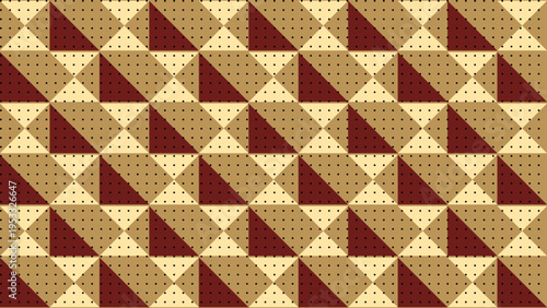 Elegant seamless geometric background featuring a pattern of triangles and polygons in shades of gold and deep red. Perfect for textiles and digital wallpapers.