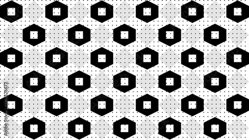 A seamless minimalist geometric pattern featuring black hexagons with interior squares and light gray diamond shapes on a white background.