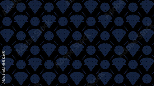 A sophisticated dark navy blue and black seamless pattern featuring a repeating geometric arrangement of circles and fan shapes with a subtle texture.