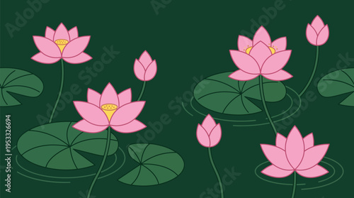 Pink lotus blooms float on dark green water. Lush leaves ripple gently around the blossoms. Each flower reveals a soft yellow center. Buds stand tall, waiting to bloom fully. Ideal for calm, nature