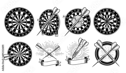 Monochrome Vintage Dartboard and Darts Vector Set for Emblem and Poster Design
