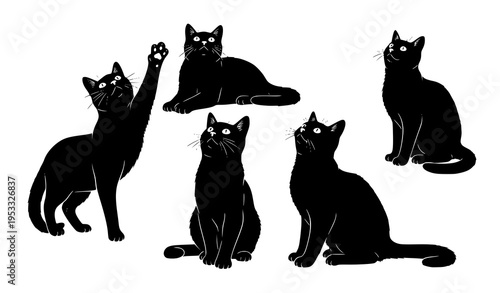 Black Cat Silhouette Icons Vector Collection with Curious Upward Looking Poses