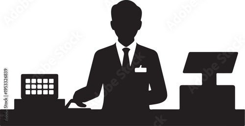 Black silhouette of man in suit standing behind counter with cash