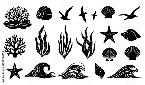 Marine Elements Silhouette Vector Set with Coral Seaweed Shells and Ocean Icons