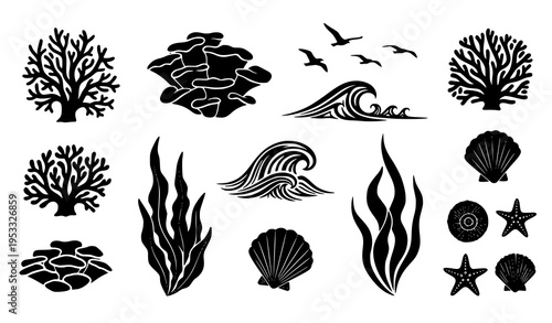 Ocean Marine Silhouettes Vector Collection with Coral Waves Shells and Birds