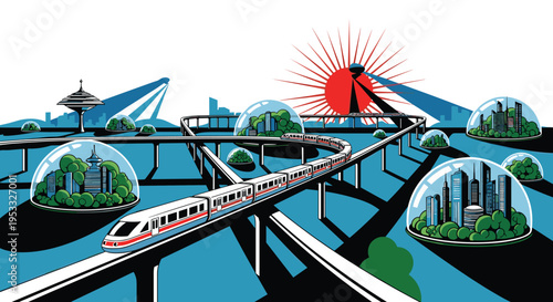 A futuristic cityscape features a white monorail train traversing elevated tracks, with multiple glass domes enclosing green trees and a prominent red sun in the distance.